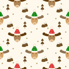 Face reindeer and hat cartoon so cute. On tree mountain background. Pattern seamless vector illustration. 