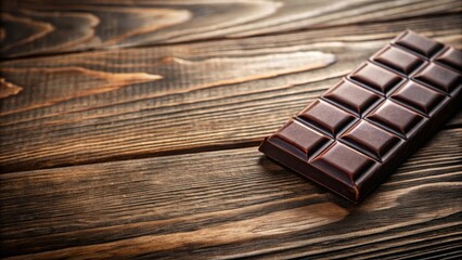 A delectable dark chocolate bar rests on a rustic wooden surface