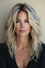 Naklejka premium A woman with long wavy blonde hair and a warm expression poses against a soft neutral backdrop