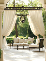 Elegant outdoor seating area with draped curtains and lush greenery.