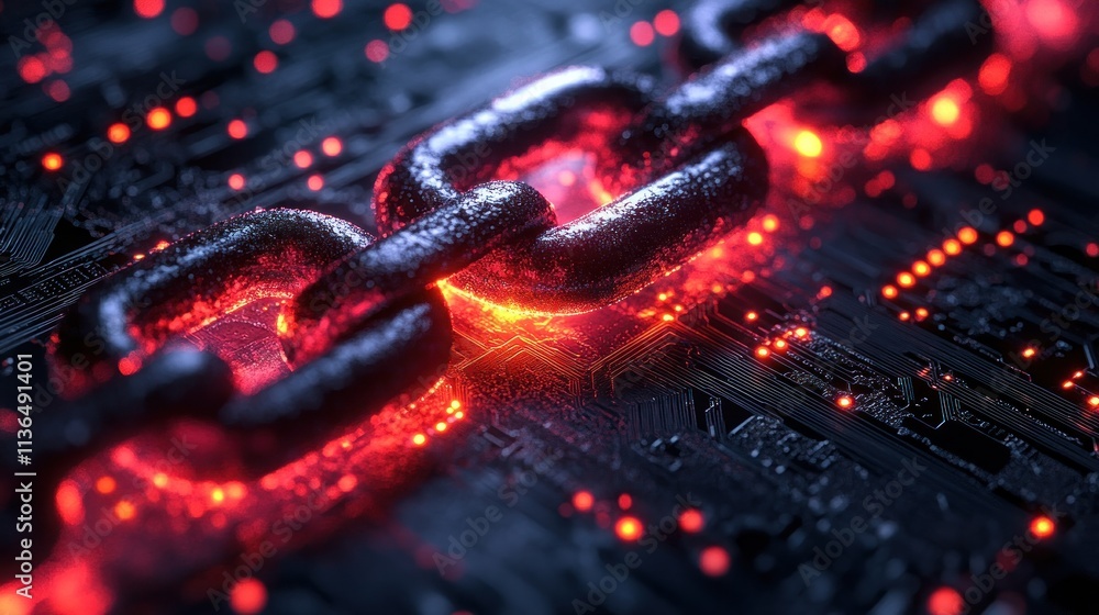 Poster glowing chain link on dark circuit-like background