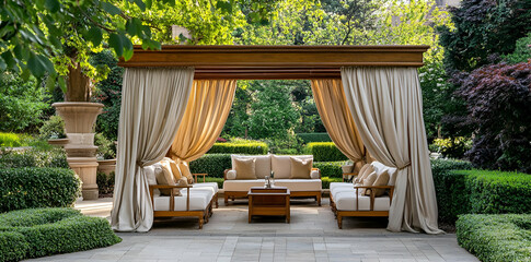 Elegant outdoor seating area with draped curtains and lush greenery.