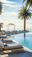A serene poolside scene with lounge chairs, palm trees, and ocean views.