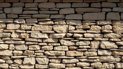 Fototapeta premium Rustic Beige Stone Wall Texture Irregularly Shaped Blocks in a Dry Stack Pattern Under Sunlight