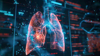 Digital Lung Scan:  A futuristic depiction of human lungs, rendered in glowing blue and red hues, against a backdrop of digital code and data streams.