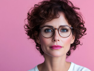 Obraz premium Thoughtful woman with curly hair and glasses poses against a pink backdrop