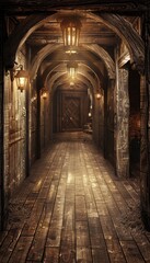 Mysterious, Endless Hallway with Arched Ceilings and Antique Lanterns, Evoking a Sense of Fantasy