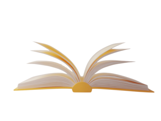 Open book with yellow cover and fanned pages on white background, isolated and closeup. Concept of knowledge, reading, or education. Ai generative