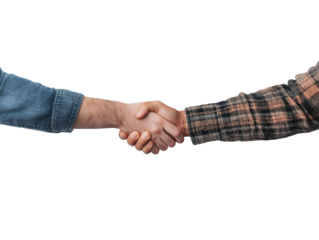Closeup of two hands shaking in agreement, one wearing a denim shirt and the other a plaid shirt, isolated on white background. Concept of partnership. Ai generative