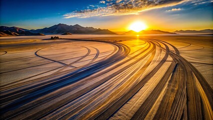 Fototapeta premium Drone View: Tire Tracks, Desert Racetrack, Sunset, Dust, Dramatic Sky, Aerial Photography