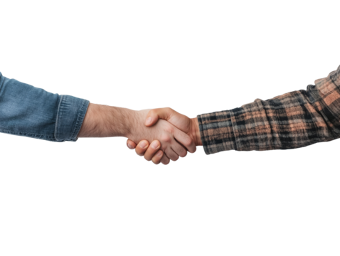 Closeup of two hands shaking in agreement, one wearing a denim shirt and the other a plaid shirt, isolated on white background. Concept of partnership. Ai generative