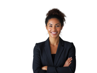 Woman in ablazer, smiling confidently with arms crossed on a white background. Isolated professional concept. Ai generative