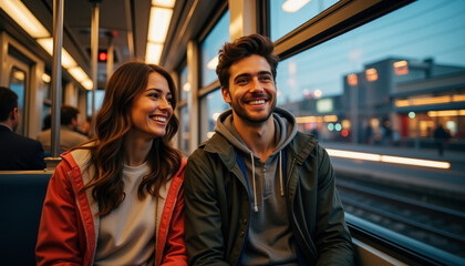 Fototapeta premium Joyful moments shared on a city train ride during early evening rush hour