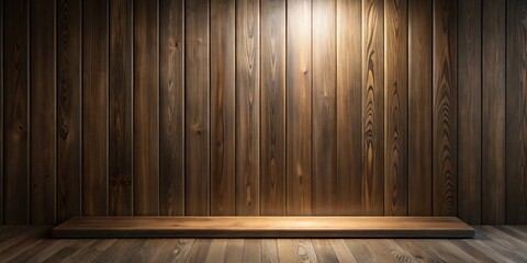 Empty Wooden Shelf Against Dark Wood Panel Wall Background