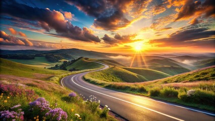 Scenic winding road through vibrant green hills at sunset