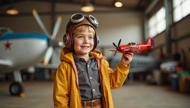 Young aspiring aviator happily holds a toy airplane in a cozy hangar filled with real aircraft