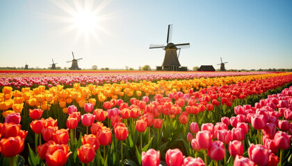 Vibrant tulip fields stretch under a clear blue sky, windmills standing tall in the distance during a bright spring afternoon