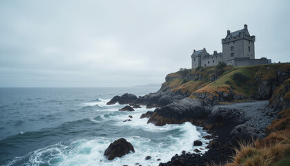 Mystical castle perched atop rugged cliffs overlooking the turbulent sea on a gray, overcast day