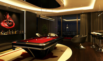 A luxurious game room featuring a pool table with a city skyline view at night.