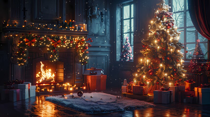 Cozy Christmas Evening: A warm and inviting living room setting for the holiday season. A crackling fireplace illuminates the space, casting a warm glow on a beautifully decorated Christmas tree.  