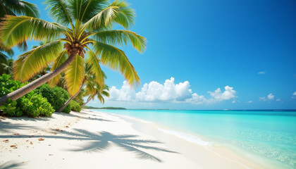 Serene beach with coconut palms swaying gently under a clear blue sky during a sunny day