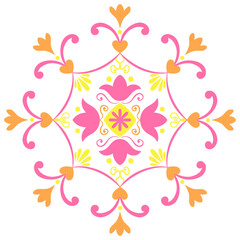 Design element in pink, orange and yellow. Ornament, ceramic motif, patchwork, mosaic, mandala