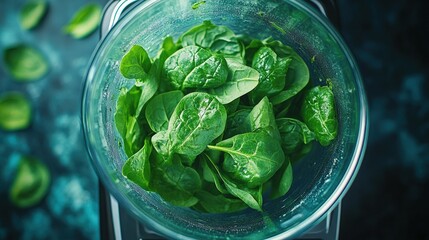 Fresh green spinach in a glass blender