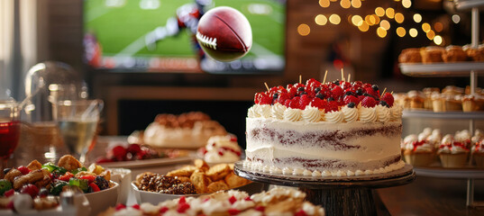 Super Bowl Party Cake and Snacks with Football Game in Background - Festive Celebration Decor