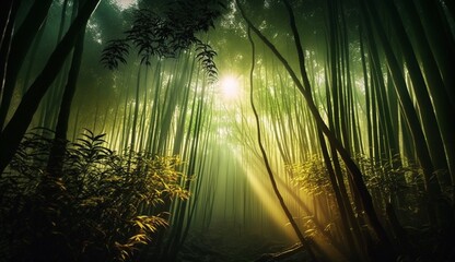 Bamboo forest at sunrise, banner