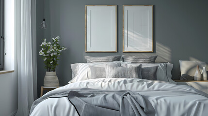 Serene Bedroom Interior: Gray Walls and Soft Linens 