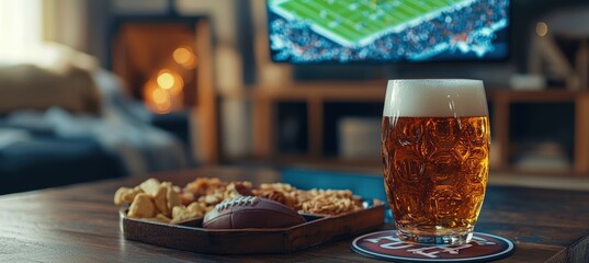 Super Bowl Themed Coaster and Beer Glass with Football and Snacks in Cozy Setting