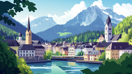 Fototapeta premium Illustration, Cityscape of Berchtesgaden in the German Alps, Germany, touristic advertisement poster. Must-see touristic spot ,Mockup for touristic poster, advertisement. Beautiful travel destination,