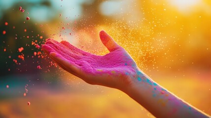 Hand releasing bright pink powder during holi celebration