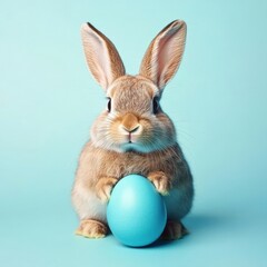 Cute fluffy bunny sitting on a blue isolated background holding a painted egg, celebrating Easter. free empty space