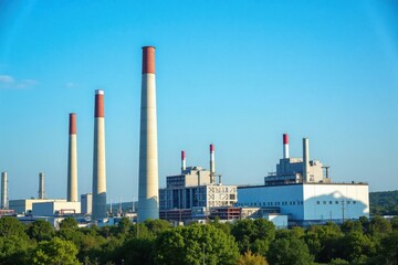 Obraz premium A waste incineration plant with tall smokestacks and large storage areas for garbage. The background shows a clear blue sky and green trees surrounding the facility