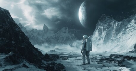 An astronaut exploring a distant alien planet, dramatic lighting, and surreal landscape