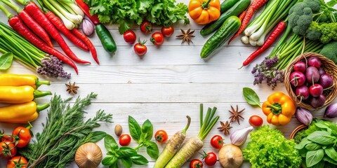 A Bountiful Harvest of Vibrant Vegetables and Fresh Herbs Arranged on a Rustic White Wooden Surface