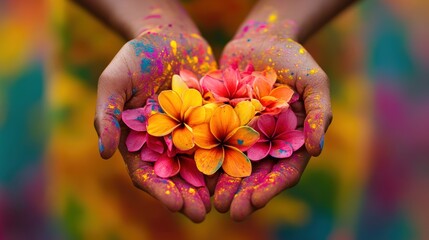 Hands holding colorful flowers during Holi festival