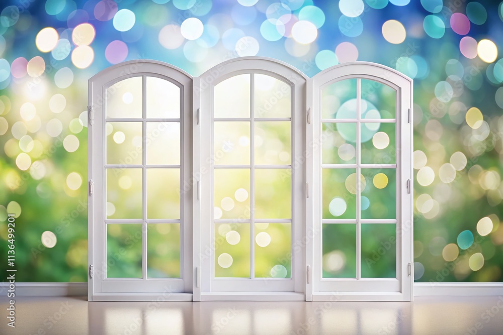 Poster elegant white triple window template with bokeh effect for modern interior design and architecture p