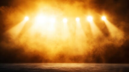 Dramatic Golden Stage Lighting Smoky Background Spotlight Beams Dark Floor