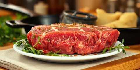 A seasoned beef steak rests on a white plate, garnished with fresh herbs, ready for cooking