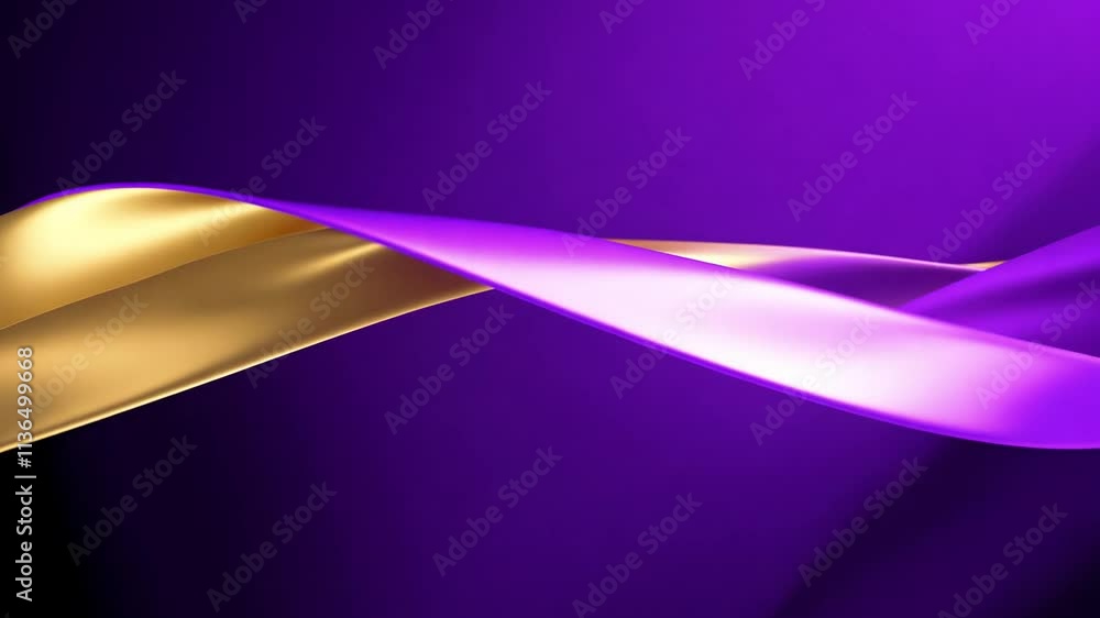 Poster slow motion video captures a flowing ribbon texture featuring vibrant purples and golds with smooth,
