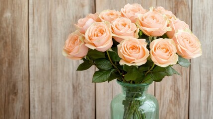 Obraz premium Peach Roses Bouquet in Glass Vase Wooden Background
