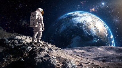 Obraz premium An astronaut standing on Mars, gazing at Earth in the distant sky, surreal and breathtaking