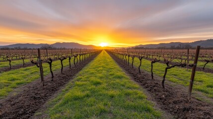 Fototapeta premium Vineyard Sunset Rows of Vines Golden Hour Landscape