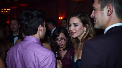 A Premiere after-party captured in strong hard light, creating direct harsh shadows. Group of elegant people enjoying a glamorous party atmosphere at night.
