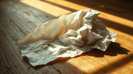 A crumpled sheet of paper rests on a sunlit wooden surface