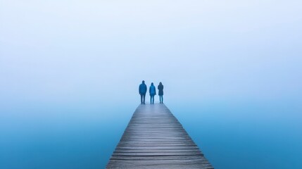 Obraz premium Misty Lake Three Figures on Wooden Pier Calm Solitude