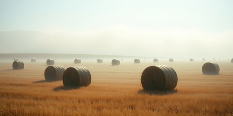 Serene sunrise over a misty field with numerous hay bales scattered across the golden landscape.