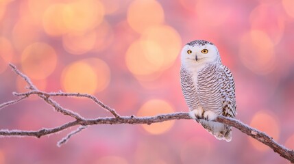 Obraz premium Snowy Owl on Winter Branch Soft Pink Bokeh Background